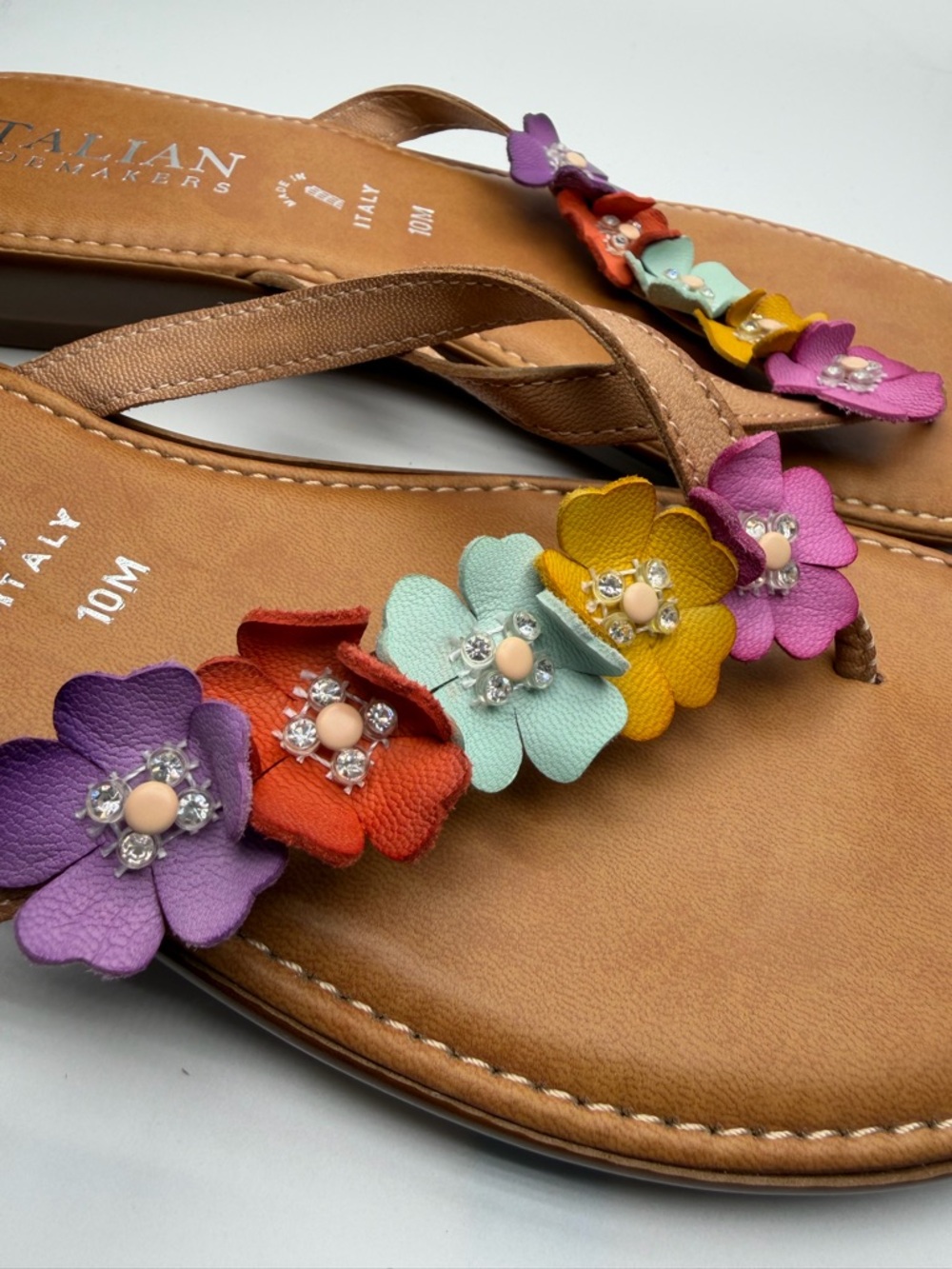 Italian Shoemakers Sandals  Womens 10M Floral Strap Slip On Wedge Thong Brown - Picture 2 of 5
